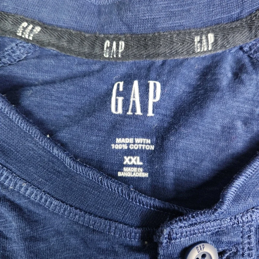 GAP Henley T Shirt Mens XXL Blue Slub Cotton Casual Side Slit Short Sleeve Tee